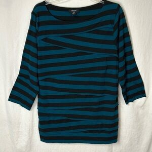 Verve Women’s Tiered Tunic Size XL Black Teal Stripes 3/4 Sleeve Stretchy Soft
